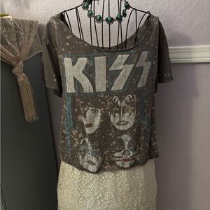 Women’s KISS Bleached Splattered Off The Shoulder T-Shirt Size Small